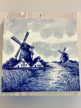 Vintage Delft Style WINDMILL Ceramic Tile/Trivet 6"x6" Back-stamp “G” in Wreath